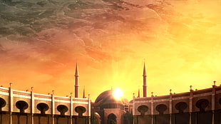 grey and white mosque, mosque, Islamic architecture, Sword Art Online, Sun
