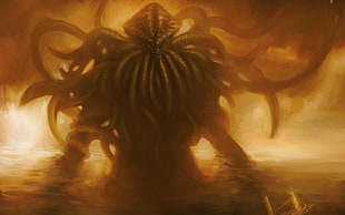 brown monster painting, Cthulhu, creature, artwork, horror
