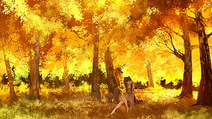 woman near wood anime character HD wallpaper