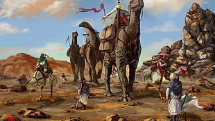 man ride on dinosaur beside rack wallpaper, painting, desert, dinosaurs, sand HD wallpaper