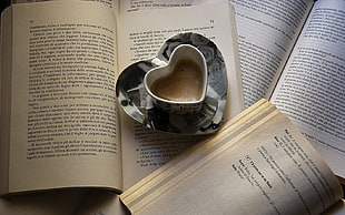 white and gray ceramic heart frame coffee mugs on book page