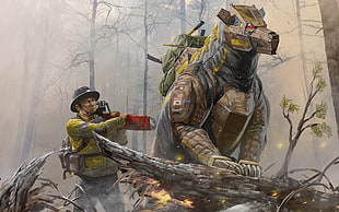 firefighter and bear painting, science fiction, digital art, robot, animals