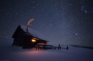 wood house and snows, stars, night, sky, winter HD wallpaper