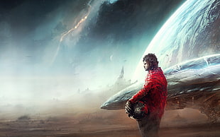 men's red jacket, artwork, space, spaceship