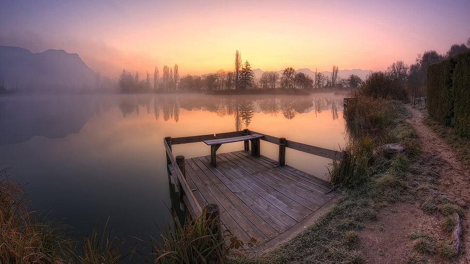 brown wooden bench, nature, landscape, lake, path HD wallpaper