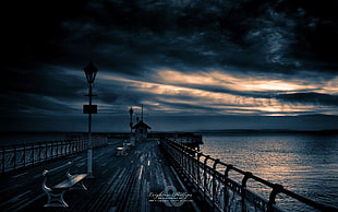 gray wooden dock under dark cloudy sky, landscape, pier, sky