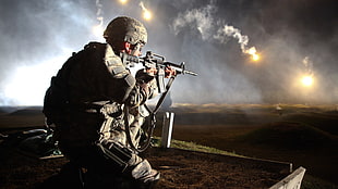 black assault rifle, military, flares, United States Army, night