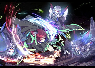 purple, green, and white floral textile, Touhou, fairies, zombies, wings