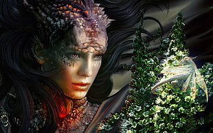 Dragon lady staring at green plant