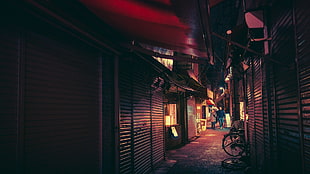 gray roller shutter, Tokyo, Japanese, neon, bicycle