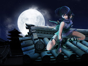 black haired female character on roof