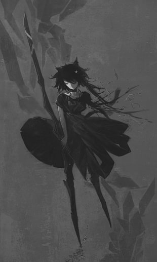 black haired female anime character illustration, monochrome, black dress