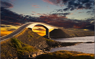 gray concrete bridge, road, sunset, sky, bridge