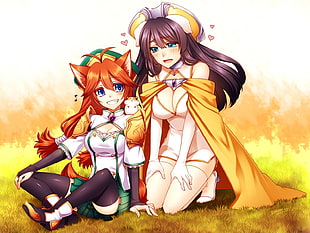 two dressed up female anime characters with brown and black hair