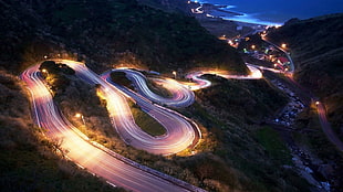time-lapsed photography of cars on road, road, hairpin turns, landscape, mountains