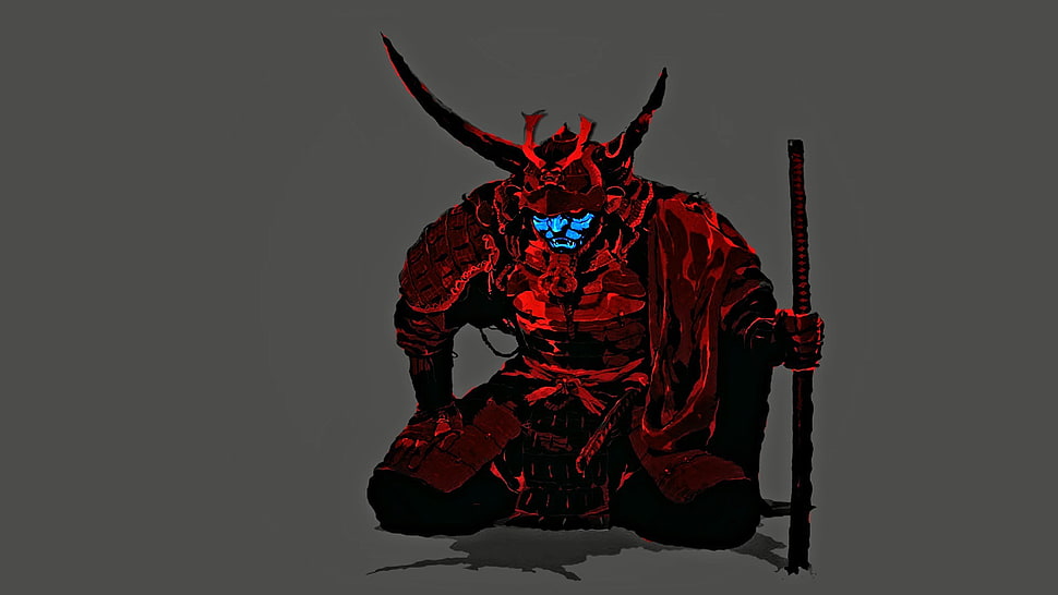 red and blue Oni warrior illustration, samurai, red, blue, mask HD wallpaper
