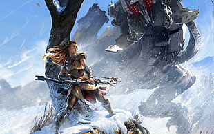 archer and robot illustration, video games, artwork, Horizon: Zero Dawn, Aloy (Horizon: Zero Dawn) HD wallpaper
