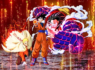 Goku, Luffy, and Naruto poster, crossover, Son Goku, Monkey D. Luffy, Uzumaki Naruto HD wallpaper