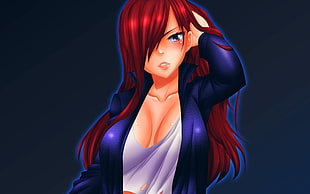 red haired female anime character in white inner shirt and blue long-sleeved shirt digital wallpaper, Scarlet Erza, Fairy Tail, redhead