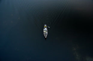 top view photo of people on boat paddling, boat, water