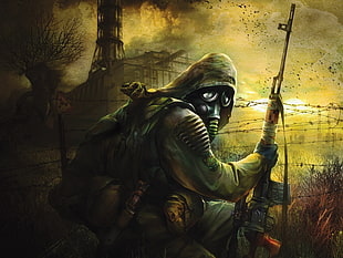 sniper with gas mask illustration, apocalyptic, gas masks, Ukraine, S.T.A.L.K.E.R. HD wallpaper