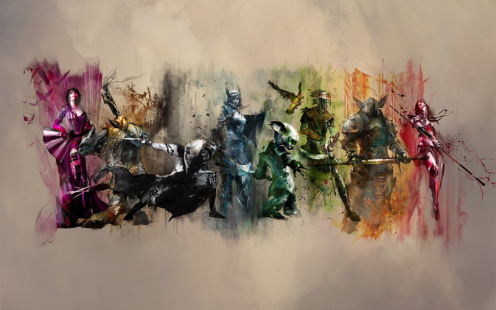 cartoon characters painting, digital art, painting, warrior, Guild Wars 2 HD wallpaper