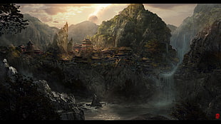 waterfalls illustration, landscape HD wallpaper