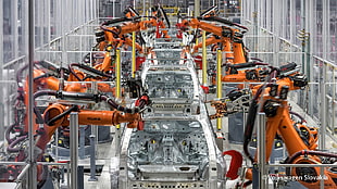 orange industrial machine, car, vehicle, robot, Volkswagen
