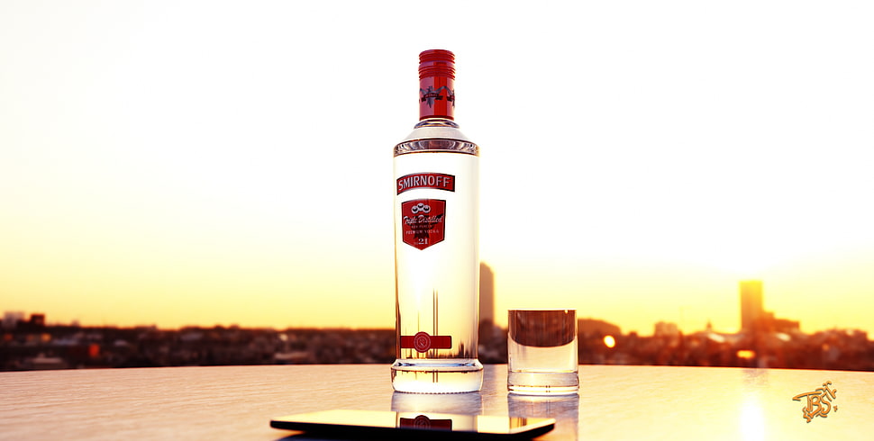 white and red labeled bottle, alcohol, 3D HD wallpaper