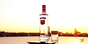 white and red labeled bottle, alcohol, 3D