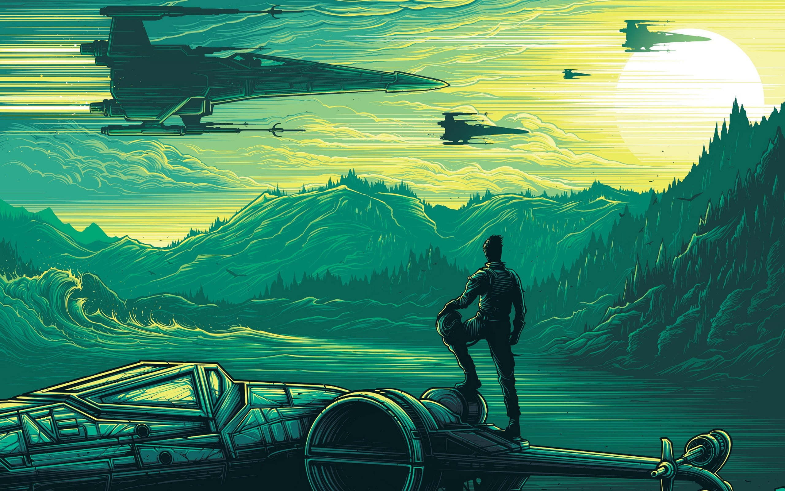 man standing on plane illustration, Star Wars, Star Wars: The Force Awakens, artwork, X-wing