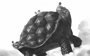 black turtle illustration, turtle, artwork, monochrome, fantasy art