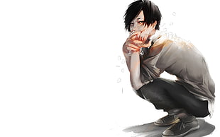 squatting man in white shirt holding his mouth digital wallpaper, artwork, anime