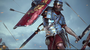 gladiator in combat digital wallpaper, Rome, soldier