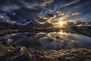 small body of water, Lofoten, Norway, sunset, mountains HD wallpaper
