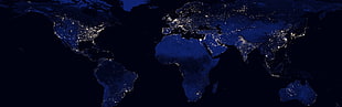 blue world map, Earth, night, space, continents