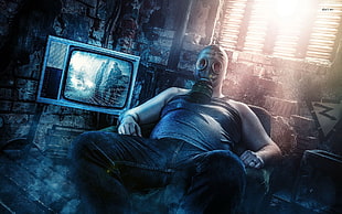 man wearing gas mask and tank top graphic wallpaper, gas masks, men, apocalyptic, TV HD wallpaper