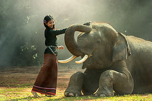 girl playing with elephant