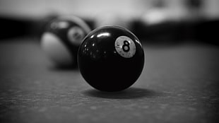 black 8 pool ball, billiards, 8-ball, monochrome, billiard balls