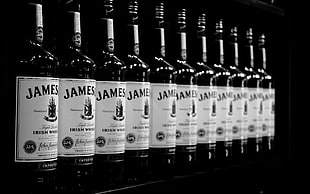 James liquor bottle lot, photography, bottles, alcohol, Jameson HD wallpaper