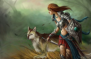 female character holding dagger and shield beside wolf painting