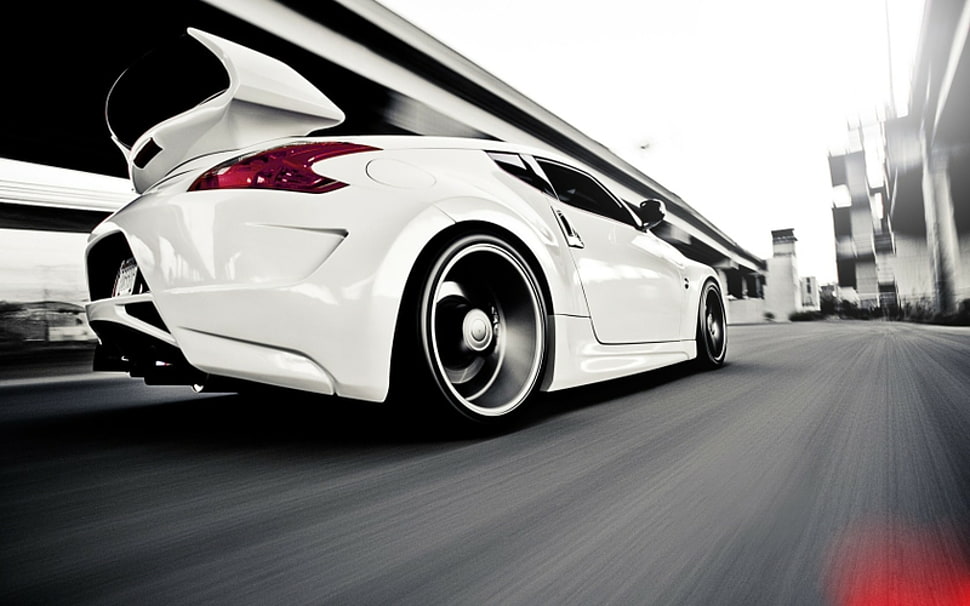 timelapse photography of white coupe on road HD wallpaper