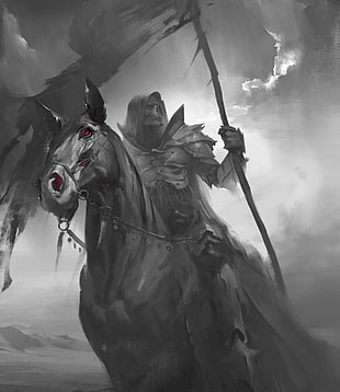 grim reaper riding on horse digital wallpaper, drawing, death, monochrome, horseman