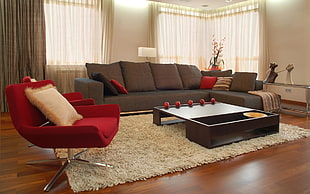 gray suede sectional sofa with red sofa chair HD wallpaper