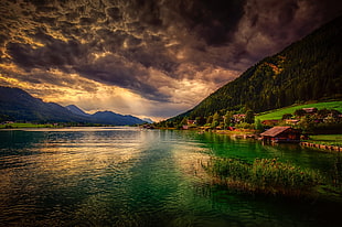landscape photography of body of water and moutains, sky, clouds, water, mountains