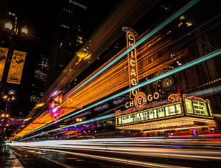 timelapse photography of Chicago theater during night time