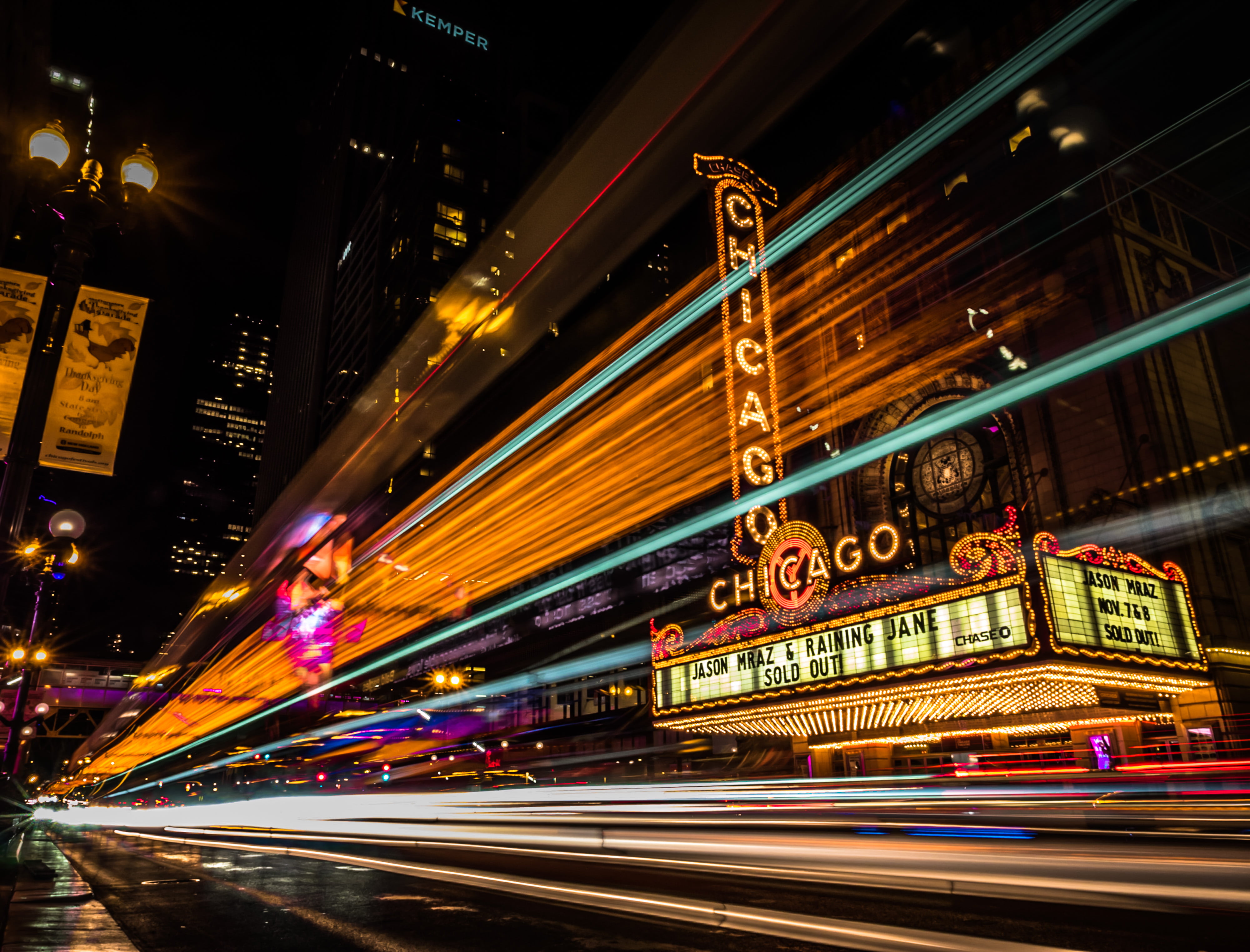 timelapse photography of Chicago theater during night time