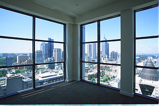 glass windows with black frames, interior design, construction site, skyscraper, window