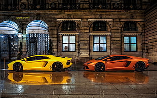 two orange and red sport cars, car, Lamborghini, Lamborghini Aventador, yellow