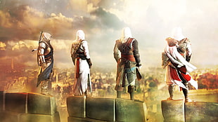 four Assassin's Creed characters digital wallpaper, Connor Davenport, Altaïr Ibn-La'Ahad, Edward Kenway, Ezio Auditore da Firenze HD wallpaper